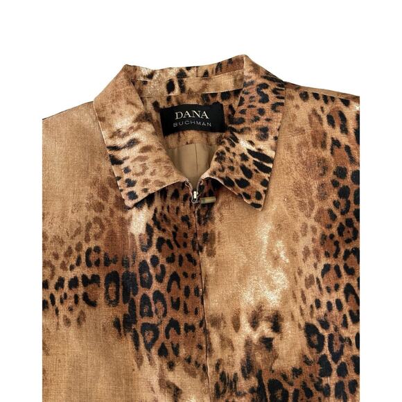 Dana Buchman Linen Jacket Womens Size 12 Brown Leopard Animal Print Full Zip - Picture 4 of 7